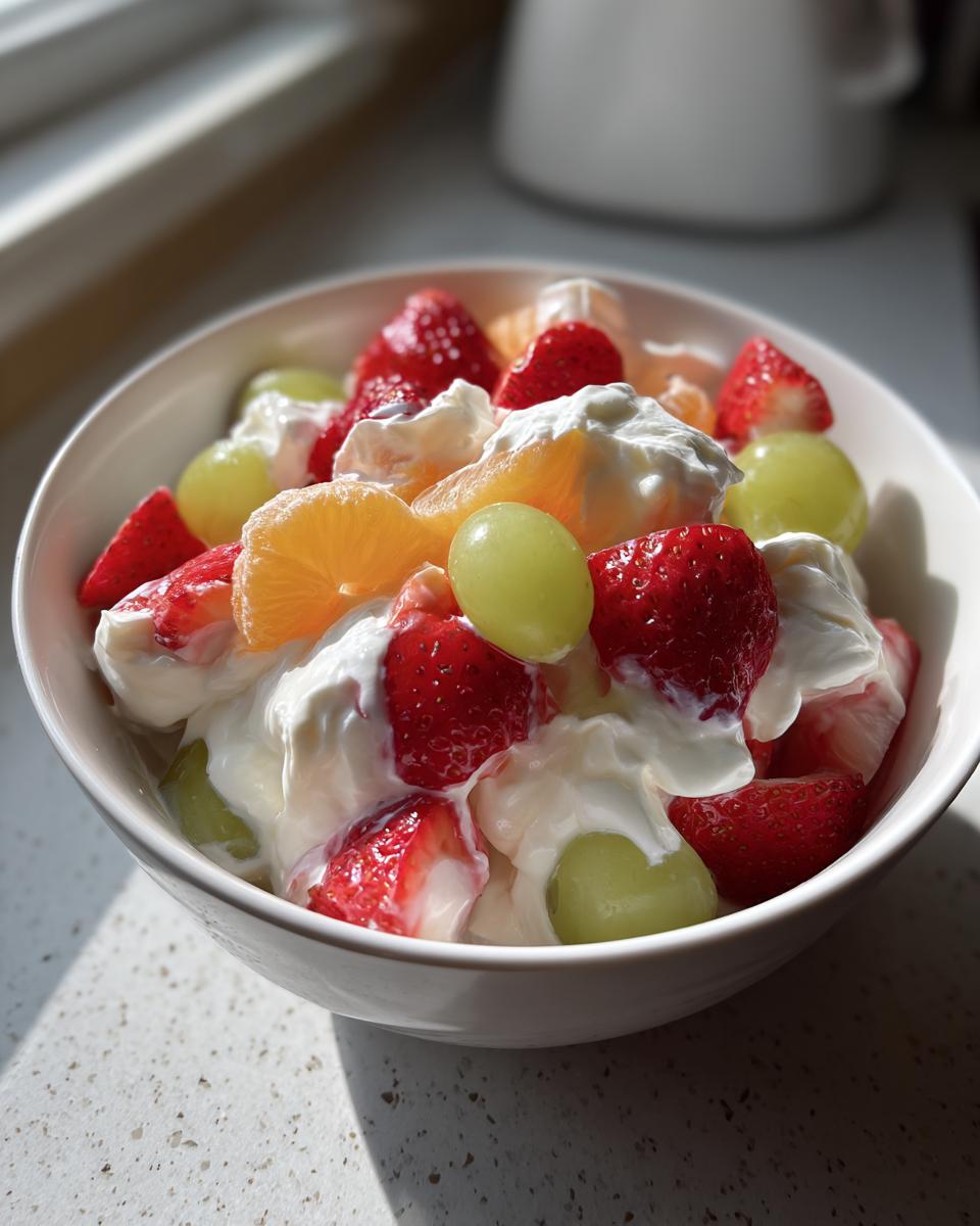 A bright white bowl filled with cheesecake fruit salad featuring strawberries, green grapes, and mandarin orange slices mixed with creamy topping.