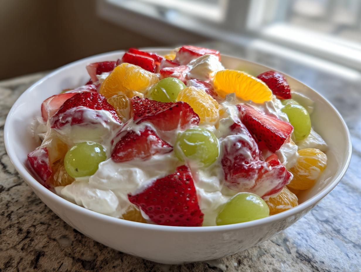 A close-up view of a white bowl filled with vibrant cheesecake fruit salad featuring strawberries, grapes, and mandarin oranges mixed with cream.