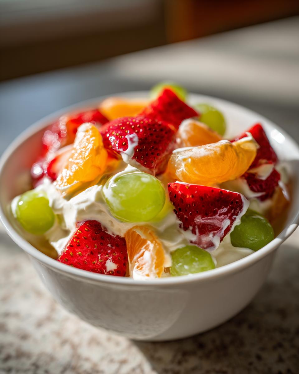 Close-up of a white bowl filled with vibrant cheesecake fruit salad featuring strawberries, green grapes, and mandarin orange segments.
