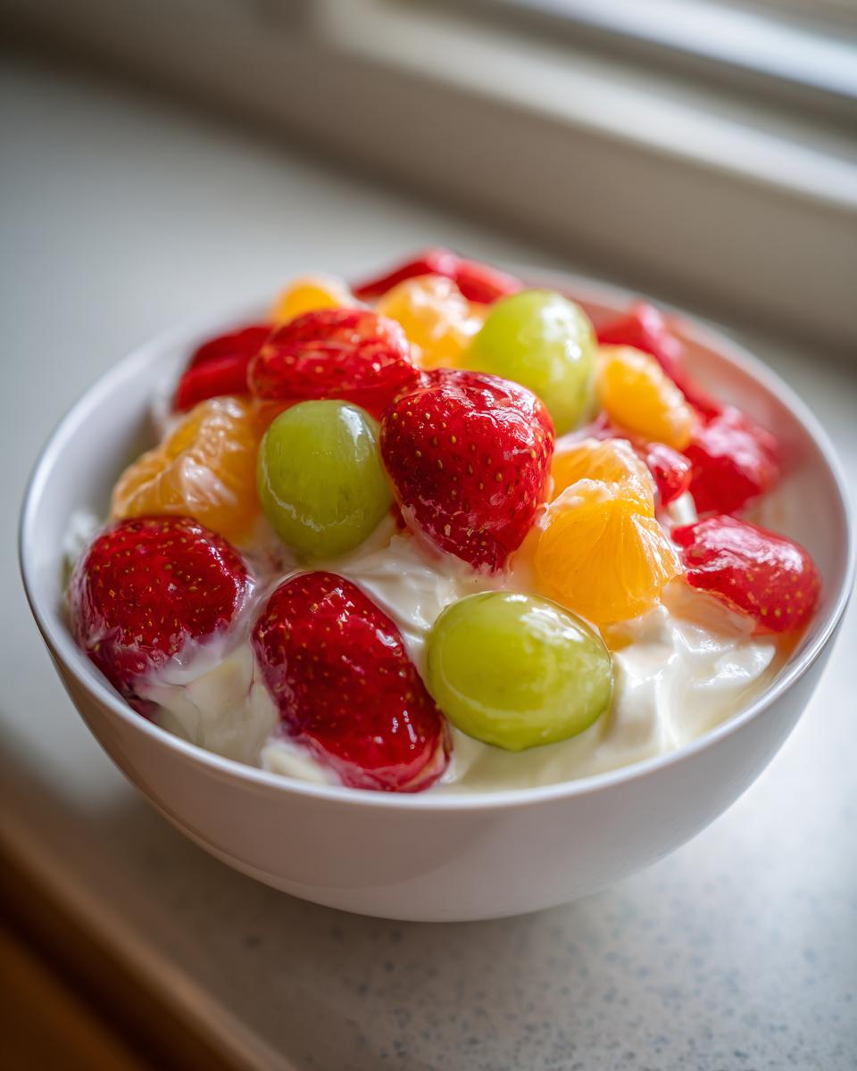 Close-up of a white bowl filled with creamy cheesecake fruit salad topped with strawberries, green grapes, and mandarin orange segments.