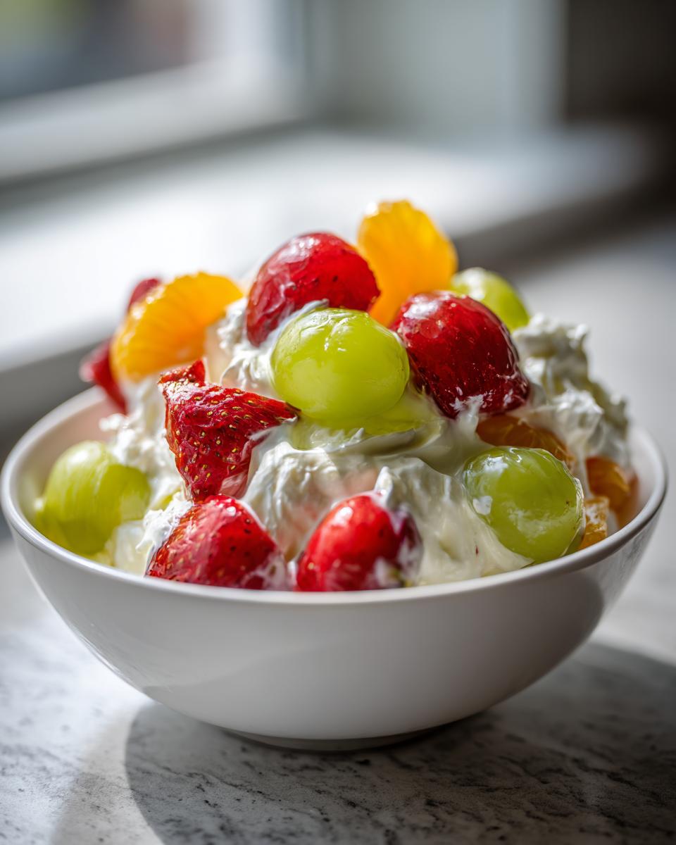 A white bowl filled with creamy cheesecake fruit salad topped with strawberries, green grapes, and orange segments.