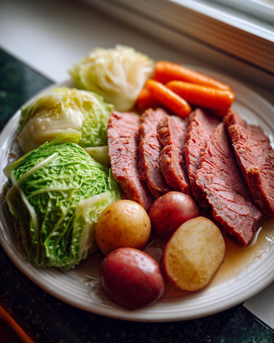 A plate featuring sliced corned beef and cabbage, baby carrots, and small boiled potatoes, ready to eat.