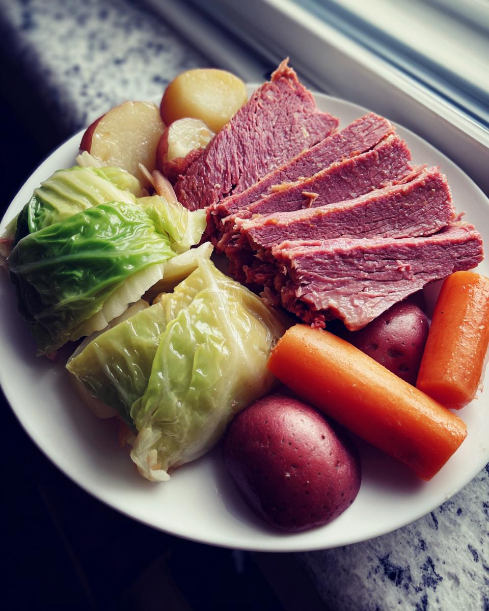 A plate featuring sliced corned beef and cabbage, alongside boiled red potatoes and carrots.