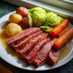 A plate featuring perfectly cooked and sliced corned beef and cabbage with boiled potatoes and carrots.