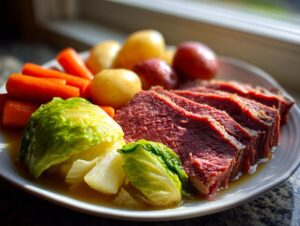 Slices of tender corned beef and cabbage served with carrots and small potatoes on a white plate.