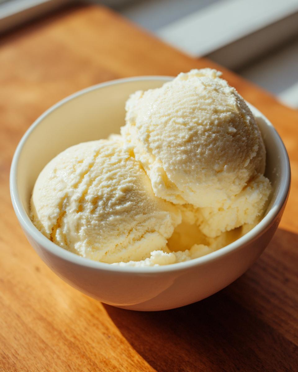 Two scoops of light yellow cottage cheese ice cream served in a white bowl on a wooden surface.