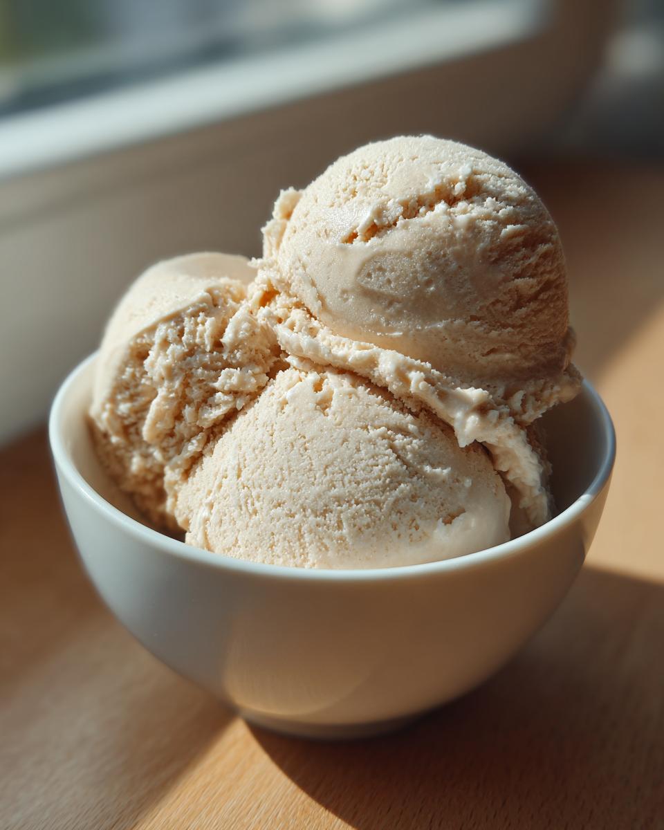 Three scoops of light tan cottage cheese ice cream served in a small white bowl, illuminated by natural sunlight.
