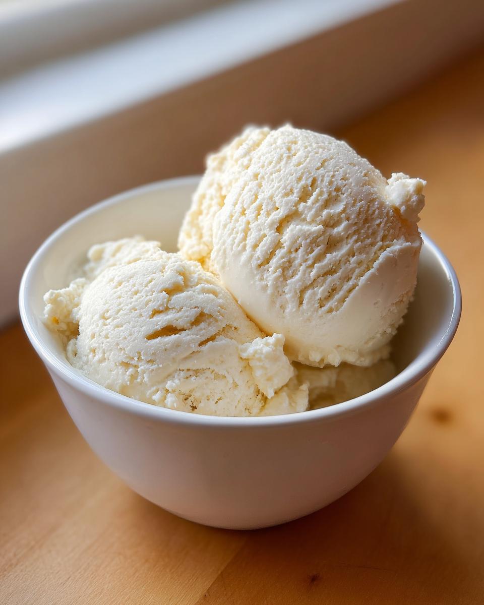 Three scoops of creamy, pale yellow cottage cheese ice cream served in a white bowl.