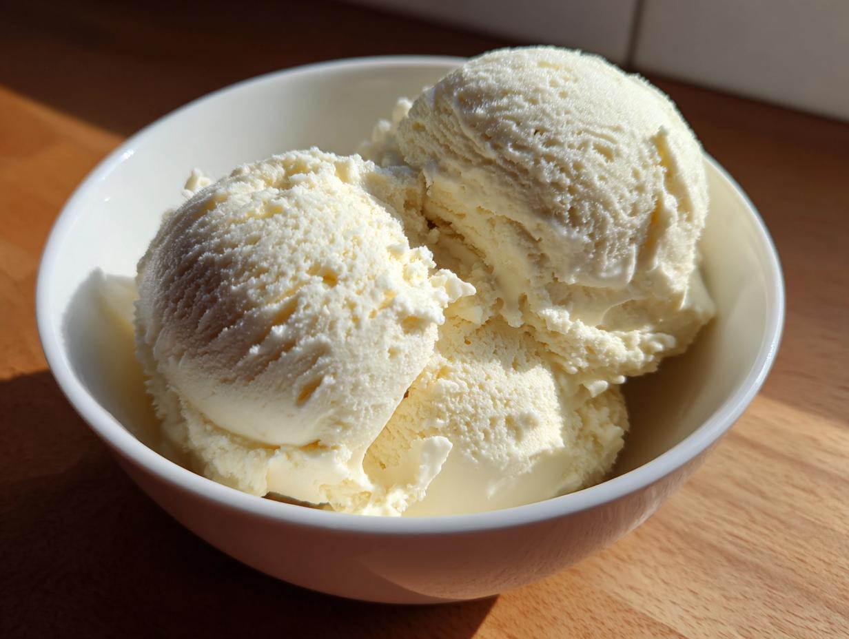 Three scoops of creamy, pale yellow cottage cheese ice cream served in a white bowl.