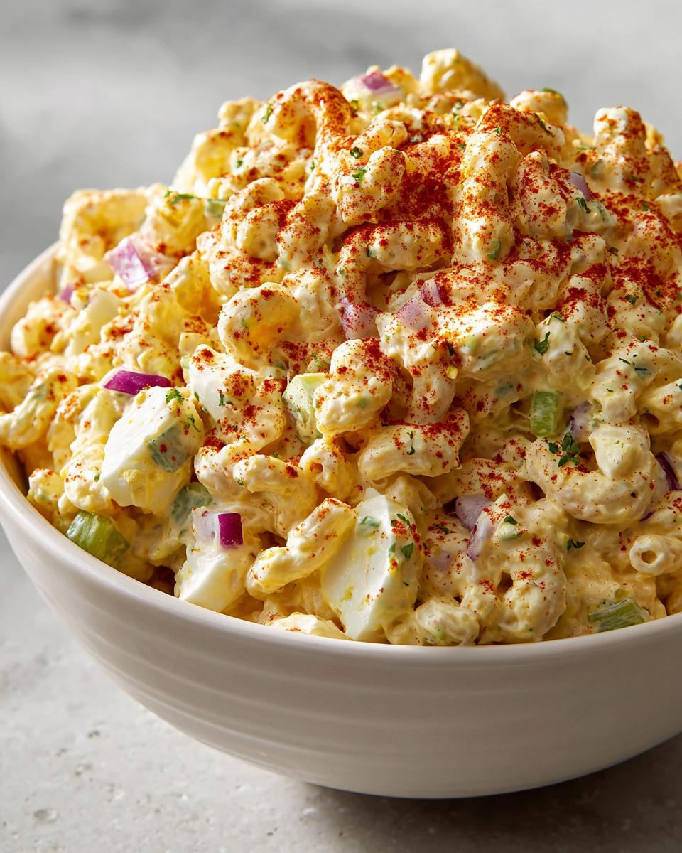 A close-up of creamy deviled egg pasta salad in a white bowl, topped generously with paprika.