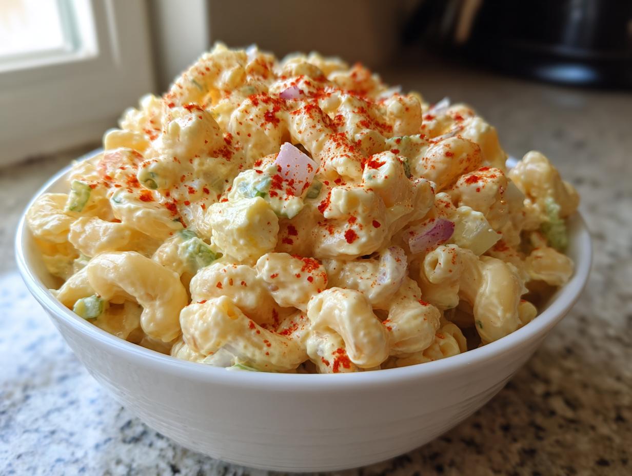 Close-up of creamy deviled egg pasta salad in a white bowl, topped generously with bright red paprika.