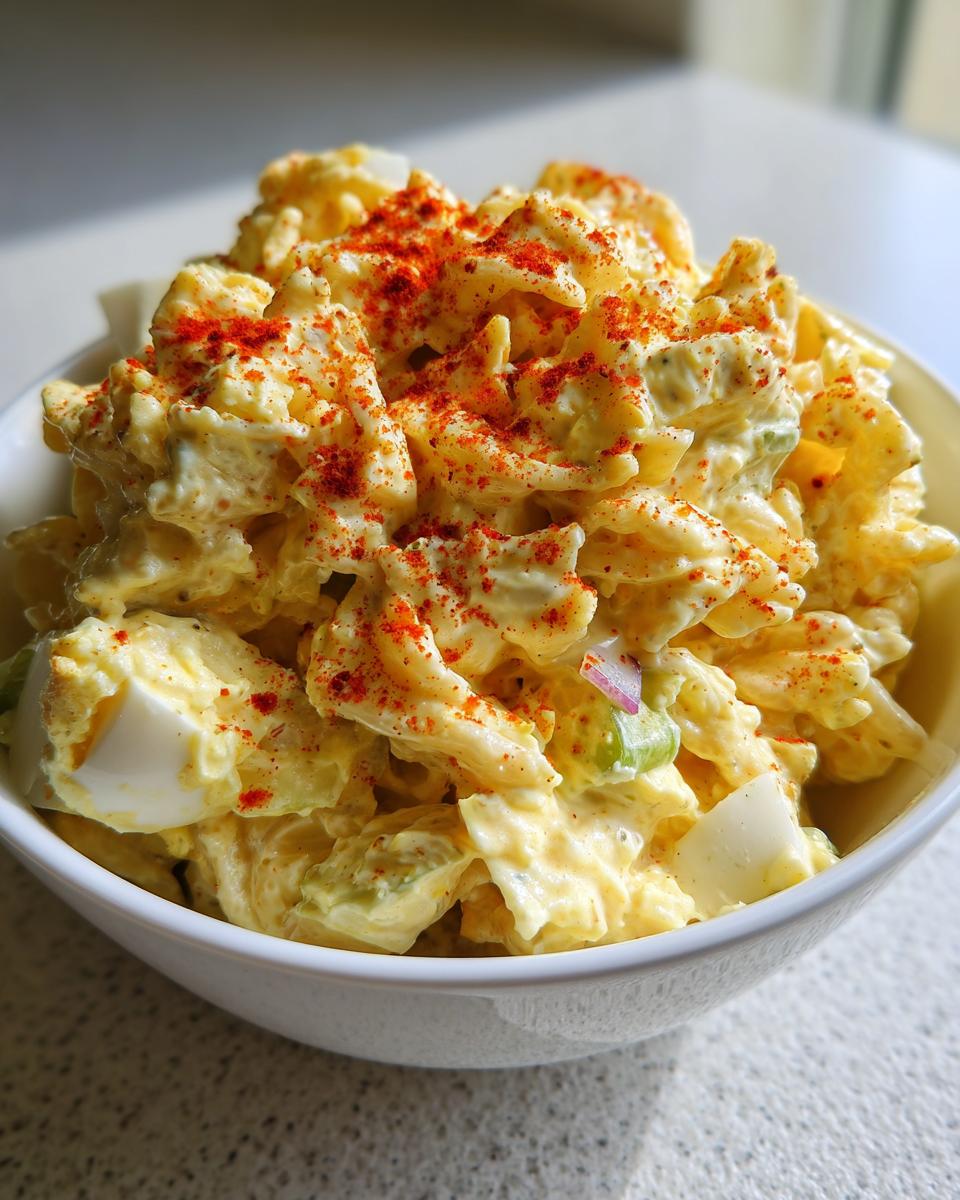 Close-up of creamy deviled egg pasta salad in a white bowl, sprinkled generously with bright red paprika.