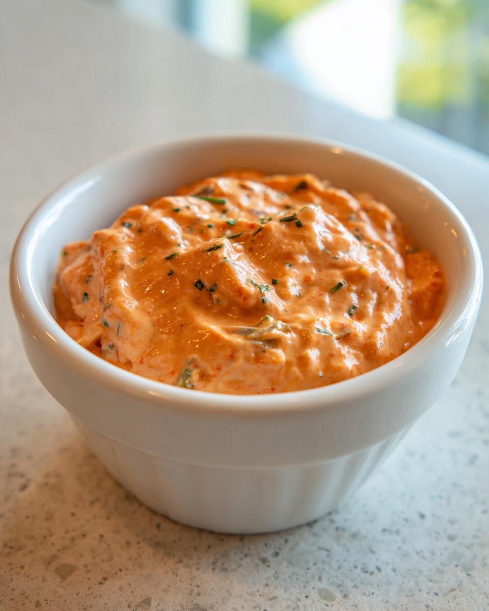 Close-up of a small white bowl filled with thick, orange-hued remoulade sauce speckled with green herbs.