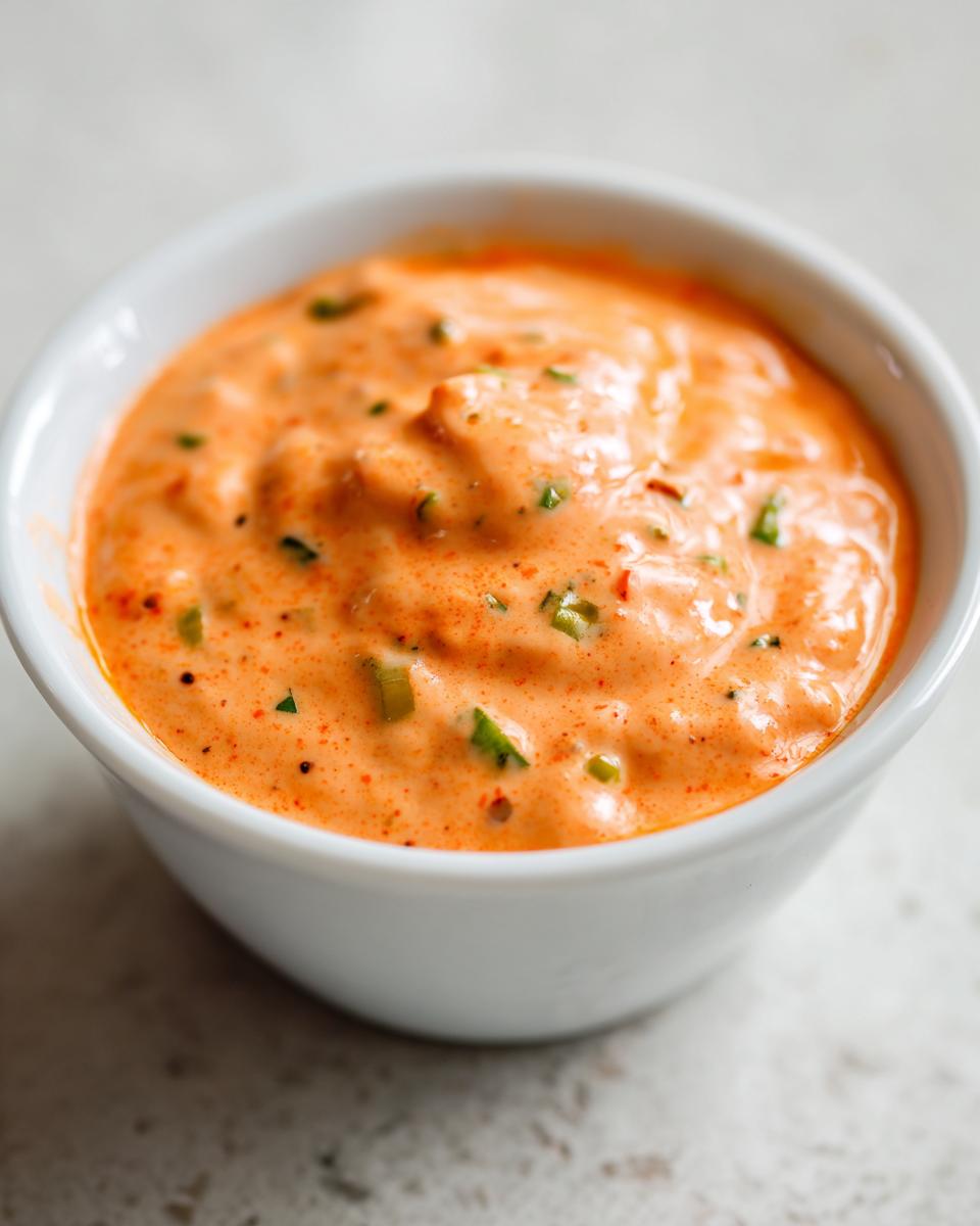 A close-up shot of thick, creamy, orange-hued remoulade sauce speckled with green herbs and spices in a small white dipping bowl.