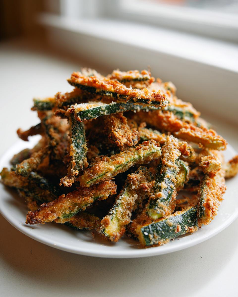 A pile of golden brown, crispy breaded air fryer zucchini fries stacked high on a white plate.