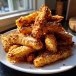 A pile of golden brown, crispy air fryer zucchini sticks sprinkled with Parmesan cheese, ready to eat.