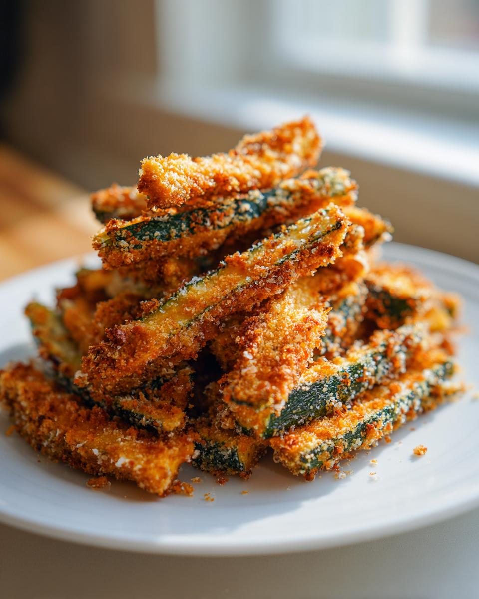 A tall stack of golden, crispy air fryer zucchini fries coated in breadcrumbs on a white plate.
