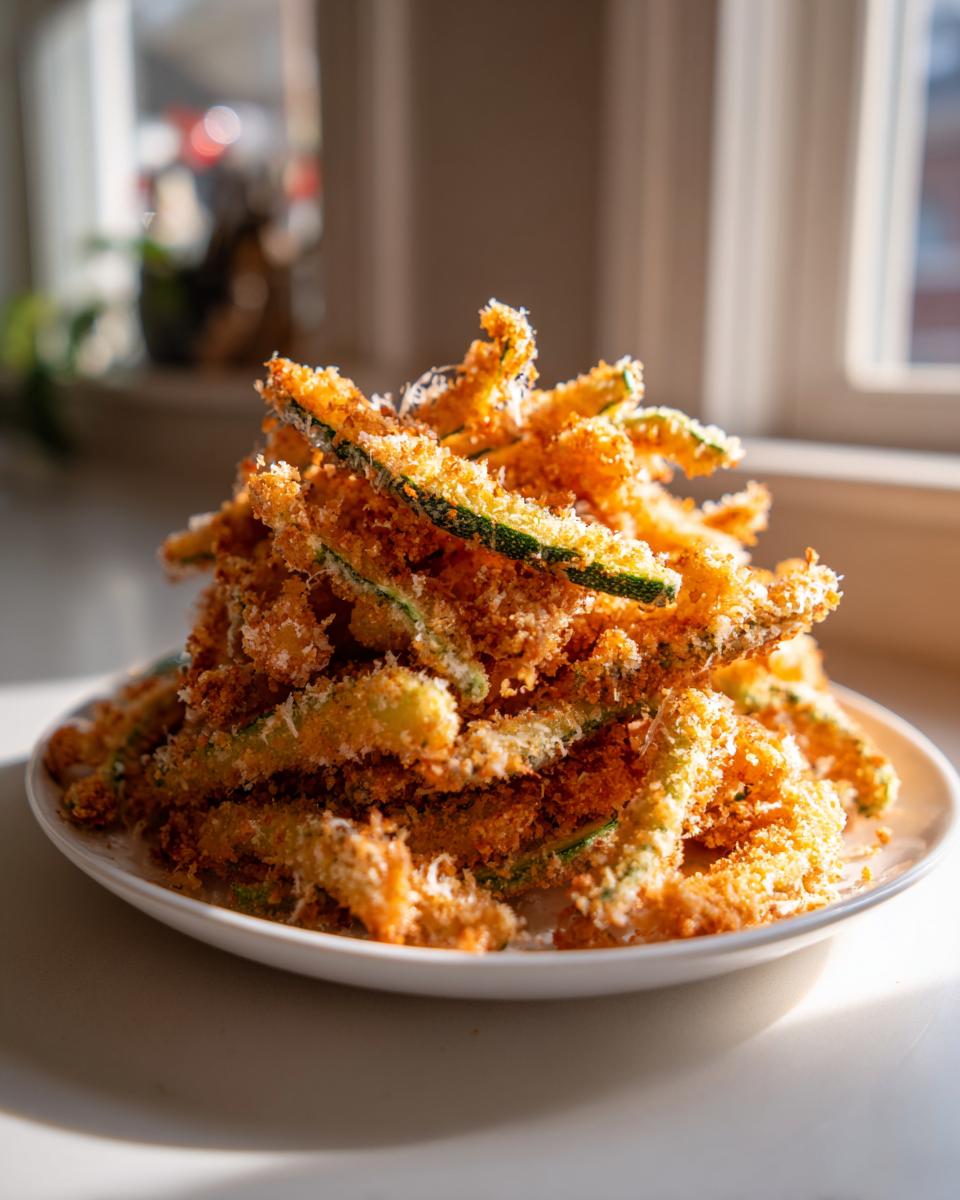 A tall stack of golden brown, crispy air fryer zucchini fries dusted with Parmesan cheese.