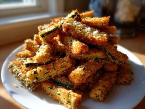 A tall stack of golden brown, crispy air fryer zucchini fries seasoned with herbs and salt on a white plate.