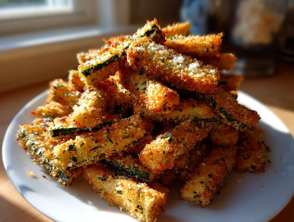 A tall stack of golden brown, crispy air fryer zucchini fries seasoned with herbs and salt on a white plate.