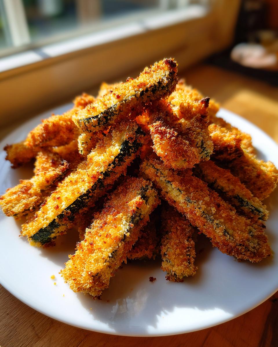 A pile of golden, crispy air fryer zucchini sticks served on a white plate, catching bright sunlight.