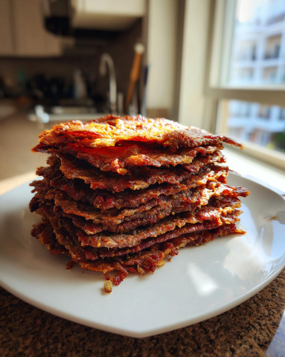 A tall stack of thinly sliced, crispy, seasoned meat, resembling homemade doner kebab slices, on a white plate.