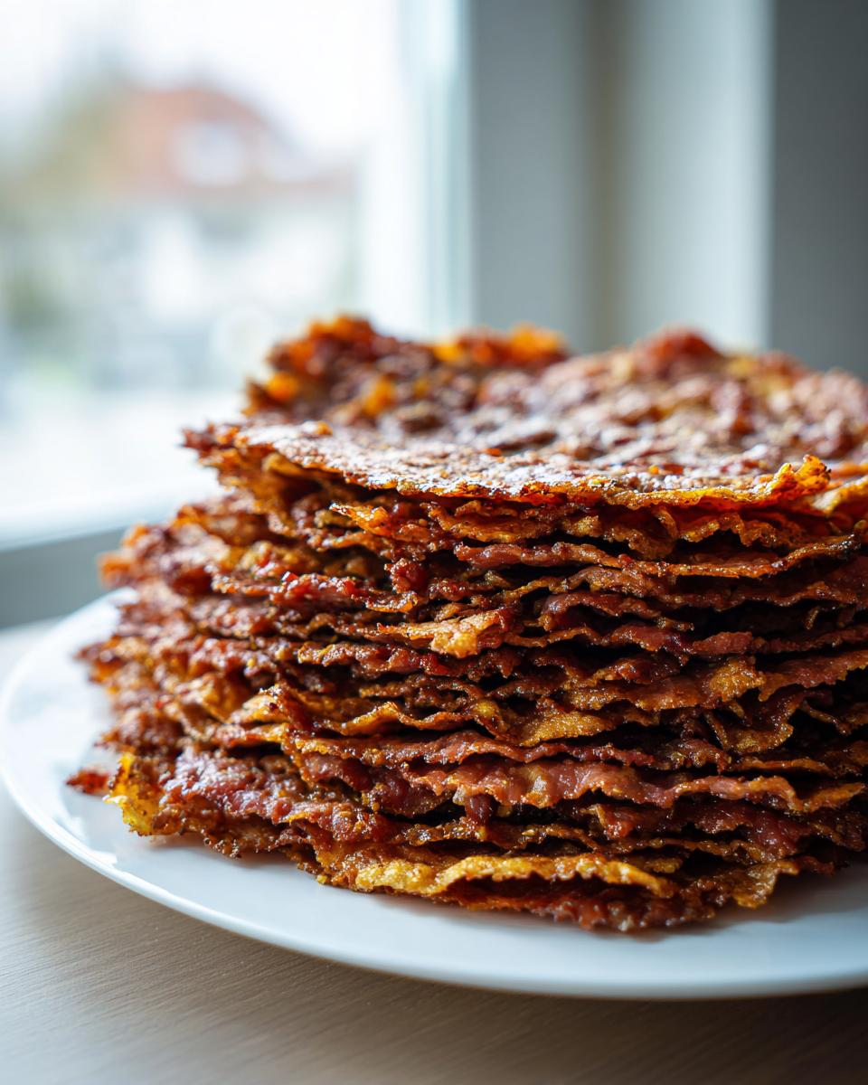 A tall stack of thinly sliced, crispy, seasoned meat, resembling shaved meat for homemade doner kebab, on a white plate.