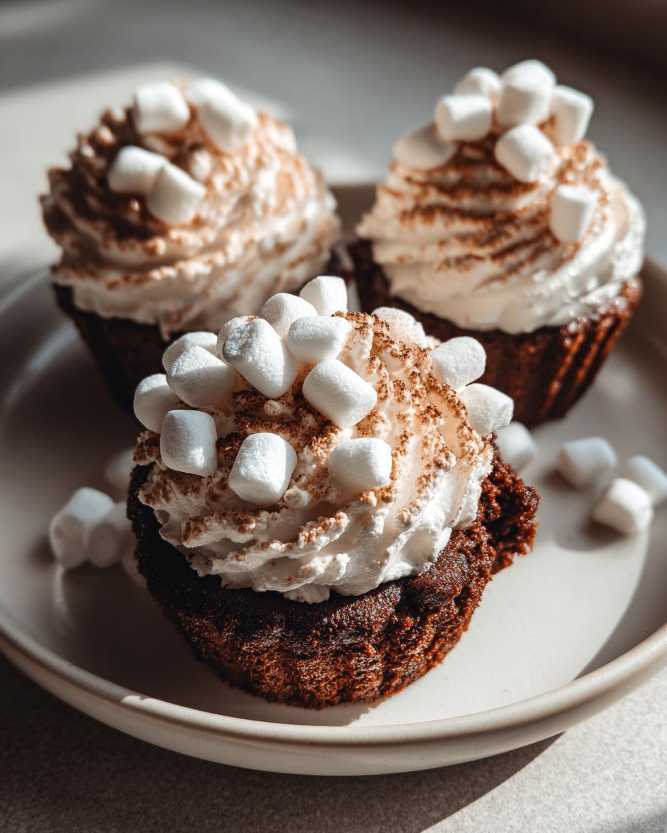 Three rich chocolate hot chocolate cupcakes topped with whipped cream, mini marshmallows, and cocoa powder.
