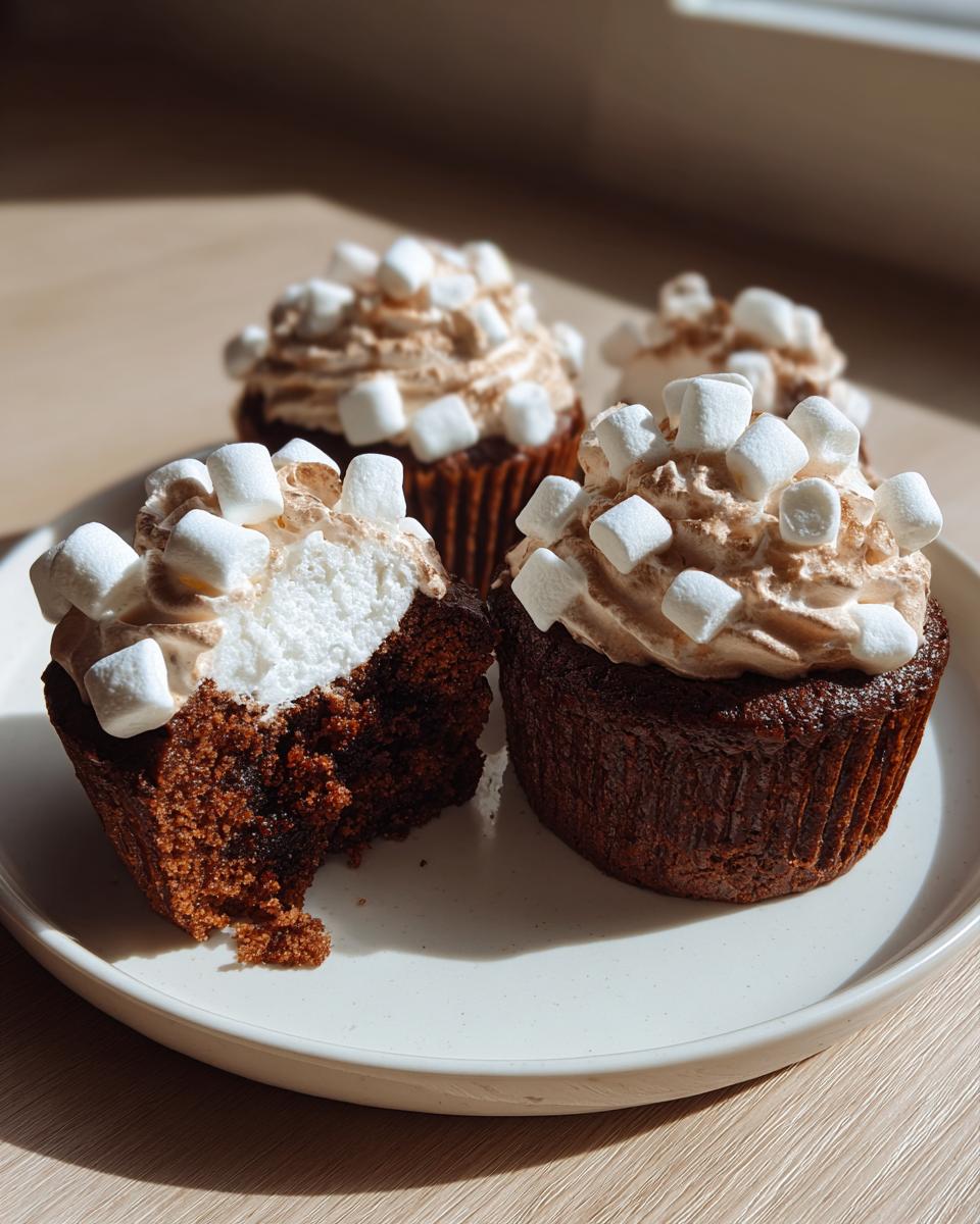 Close-up of rich hot chocolate cupcakes topped with whipped frosting and mini marshmallows, one is partially eaten.