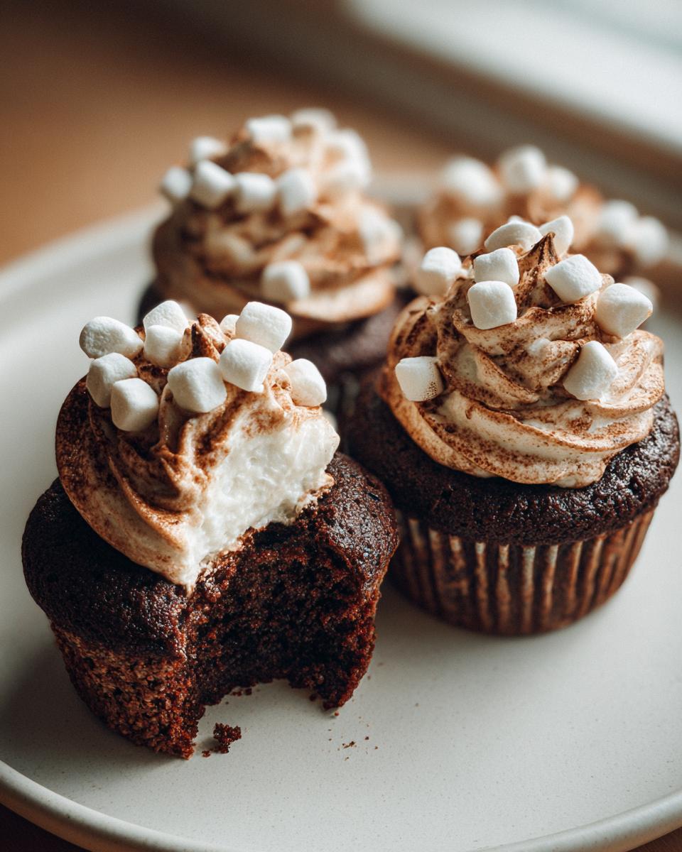 Close-up of rich chocolate hot chocolate cupcakes topped with swirled frosting and mini marshmallows; one has a bite taken out.