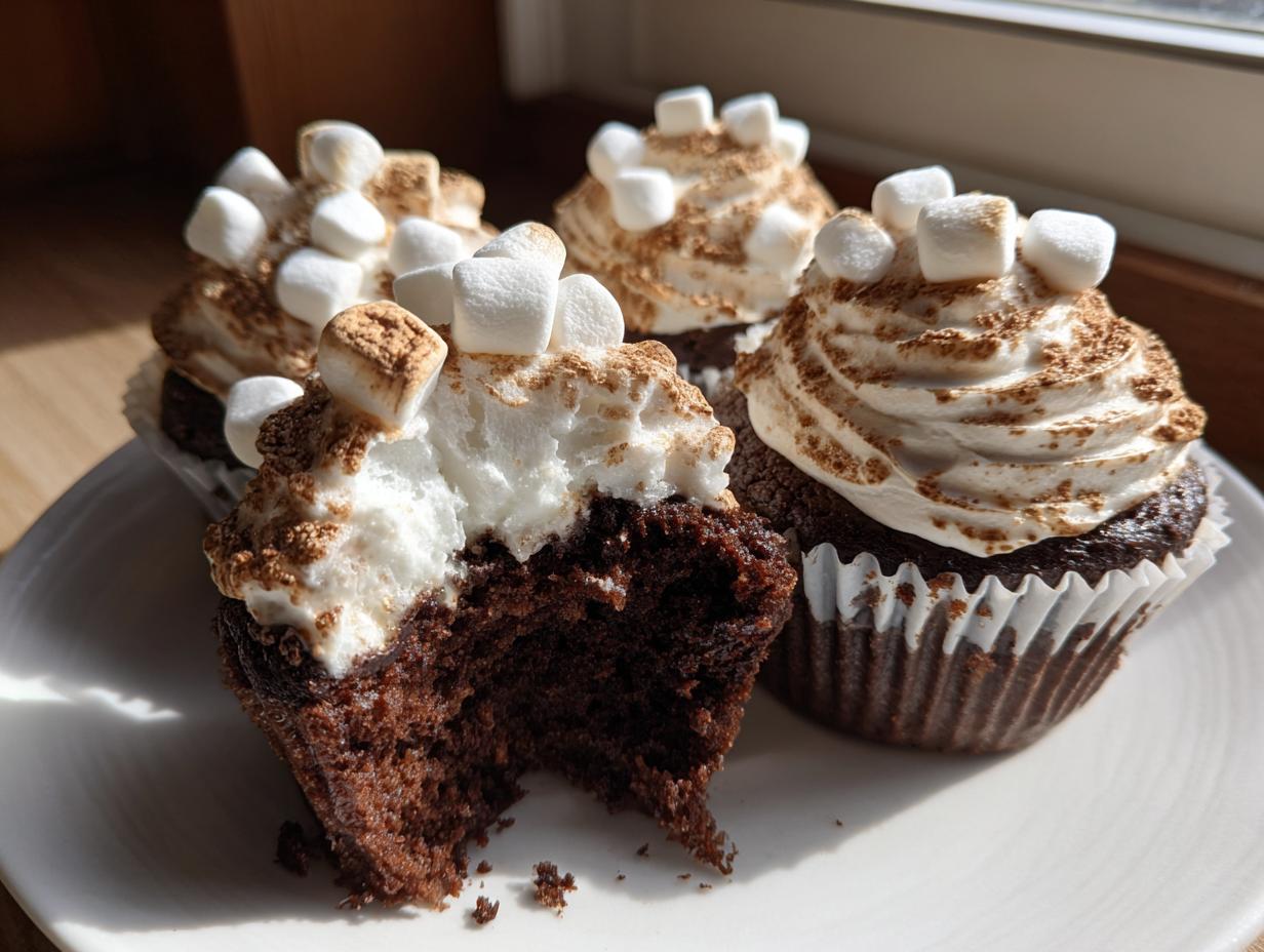 Close-up of decadent hot chocolate cupcakes topped with whipped frosting, cocoa powder, and mini marshmallows; one is bitten into.
