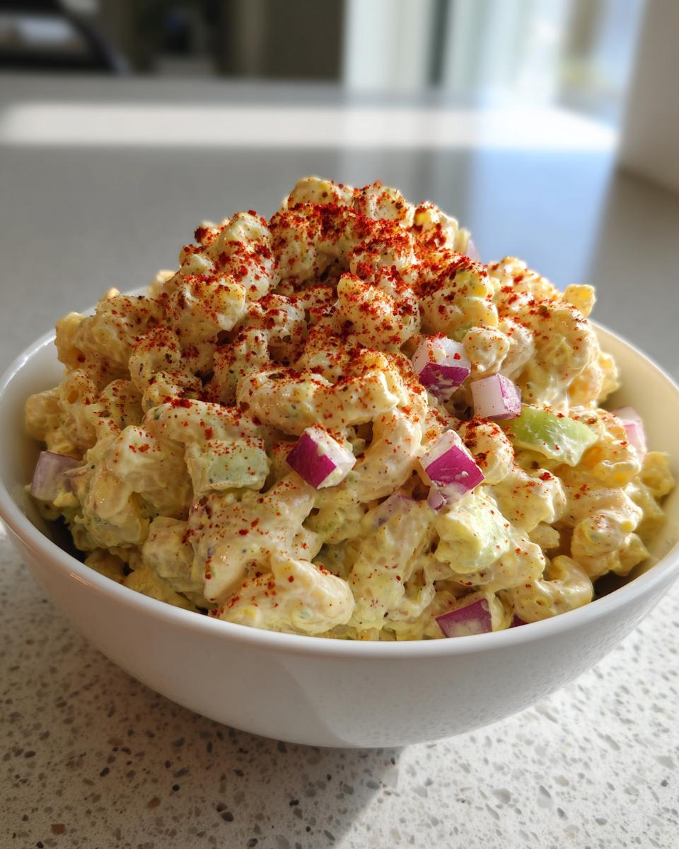 A close-up of a white bowl filled with creamy deviled egg pasta salad, topped with diced red onion and paprika.
