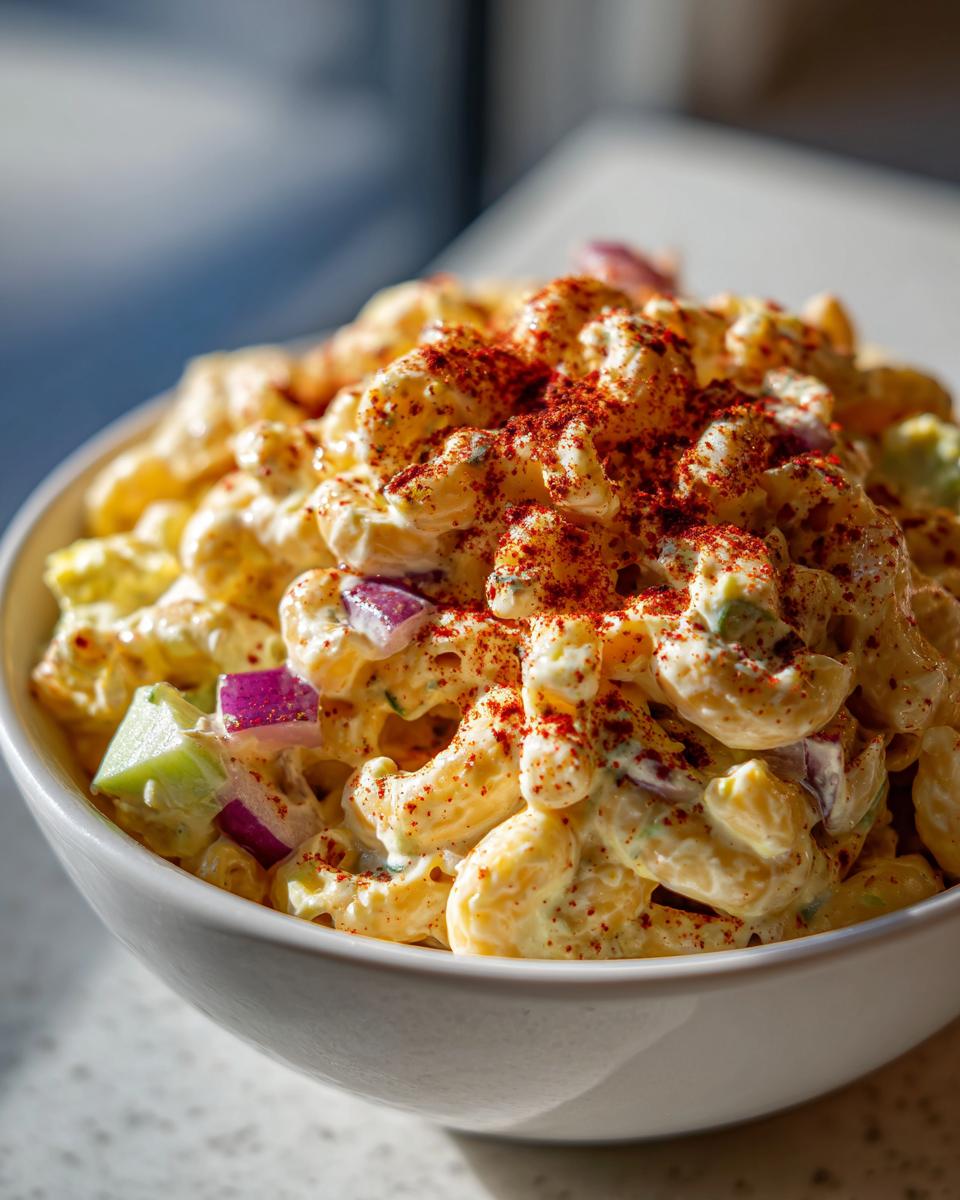 Close-up of a white bowl filled with creamy deviled egg pasta salad, topped with paprika.
