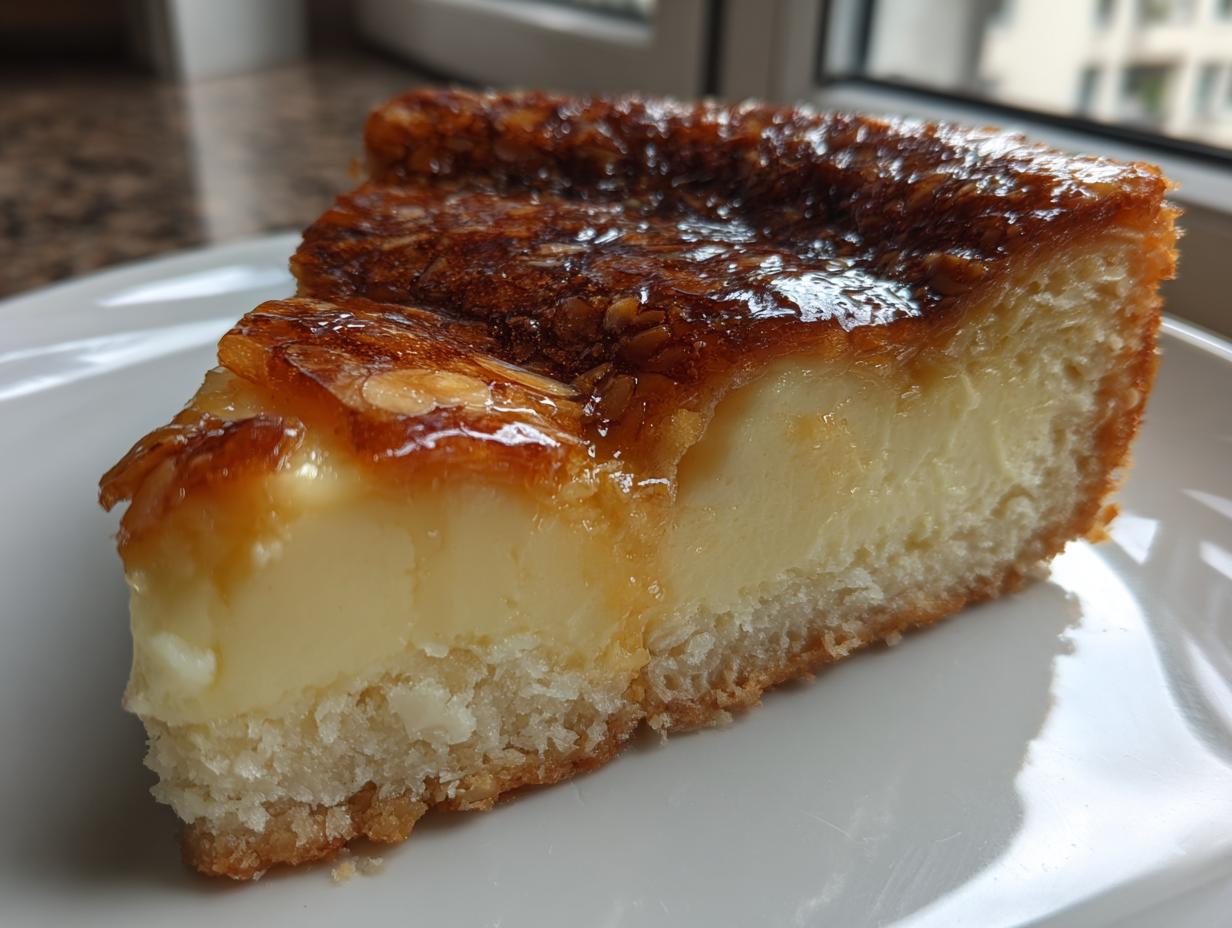 Close-up of a slice of bee sting cake showing a thick layer of vanilla cream filling and a caramelized almond topping.