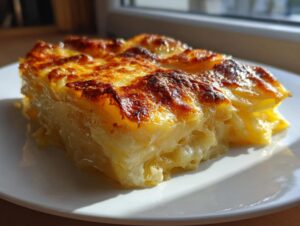 A rich, golden-brown slice of potatoes au gratin showing layers of creamy potatoes and a bubbly, baked cheese crust.