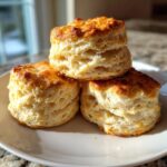 Close-up of three tall, flaky, and buttery scones stacked on a white plate, showing golden brown tops.