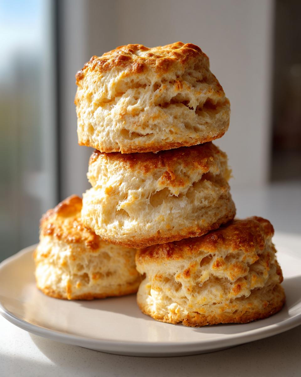 A stack of three tall, flaky, golden-brown scones resting on a light-colored plate.