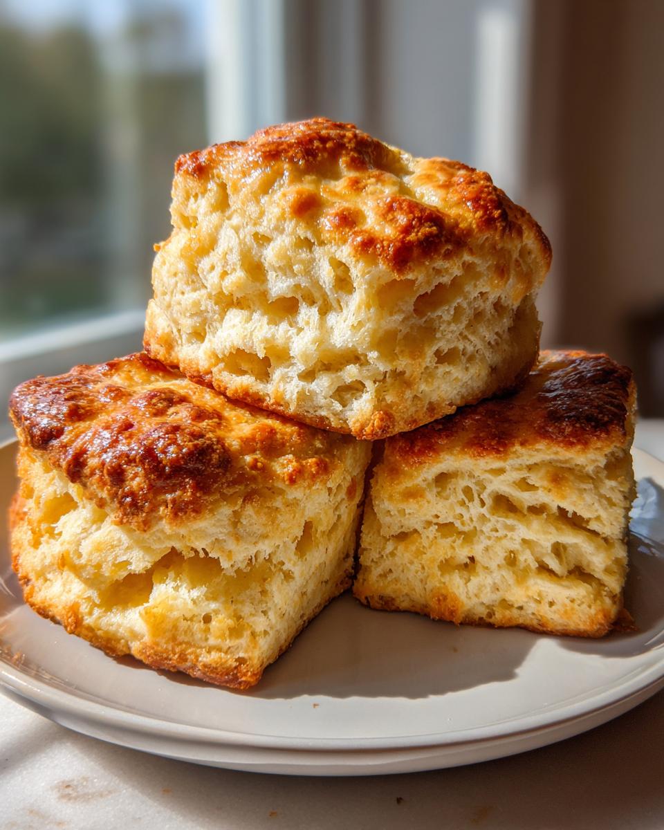 Three tall, flaky, and buttery scones stacked on a light gray plate, showing golden brown tops.