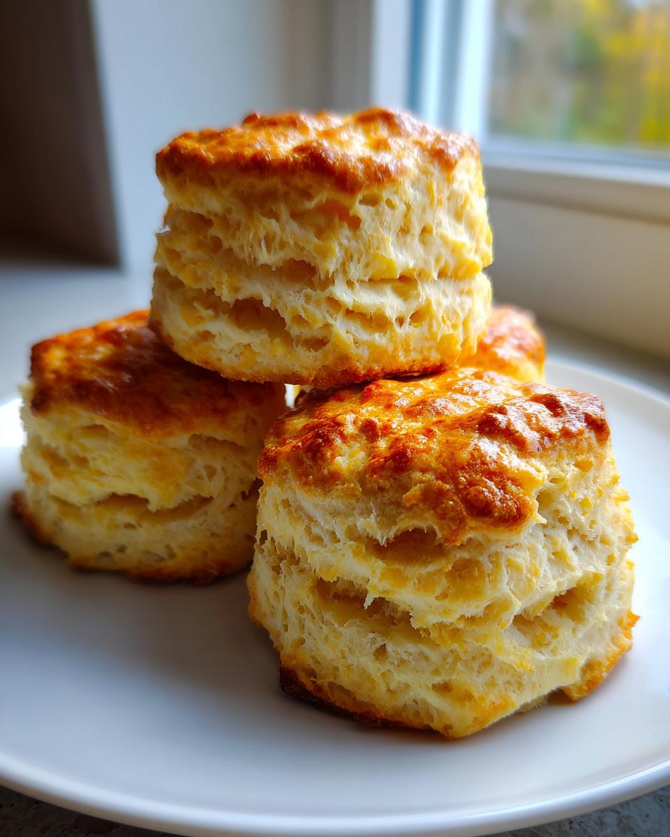 A stack of three tall, flaky, and golden-brown buttermilk scones resting on a white plate near a window.