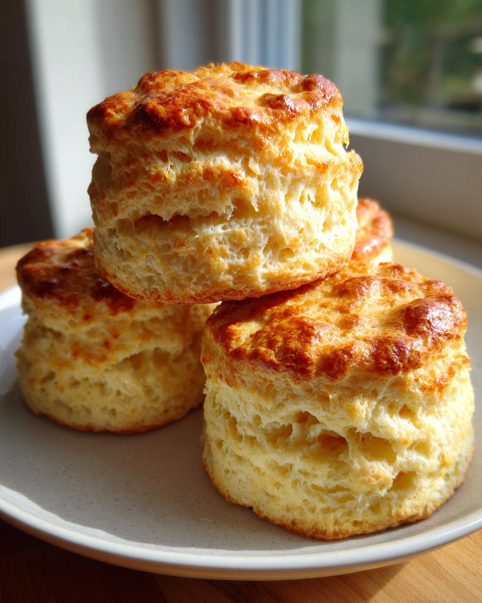 A stack of three tall, flaky, and golden-brown scones sitting on a light plate near a window.
