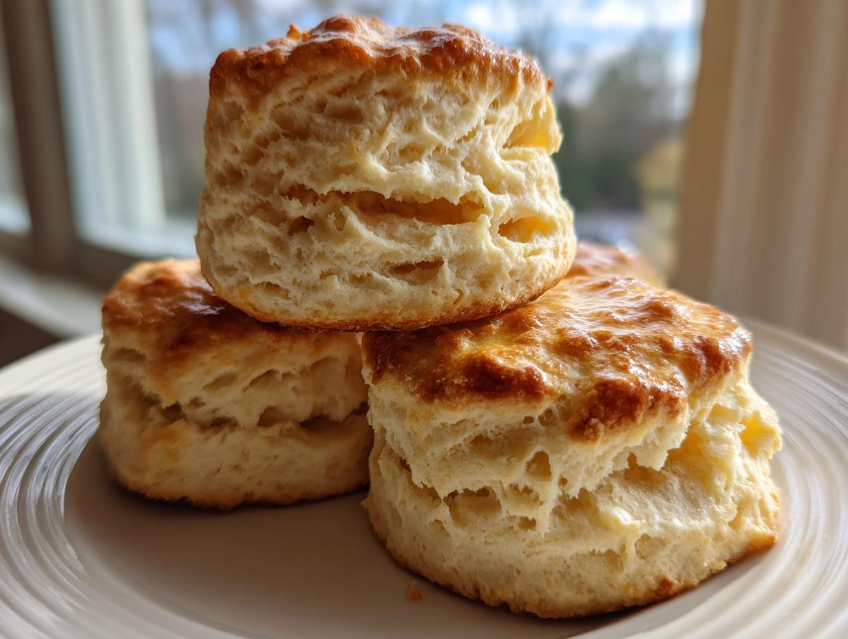 Close-up of three tall, flaky, and buttery scones stacked on a white plate near a window.