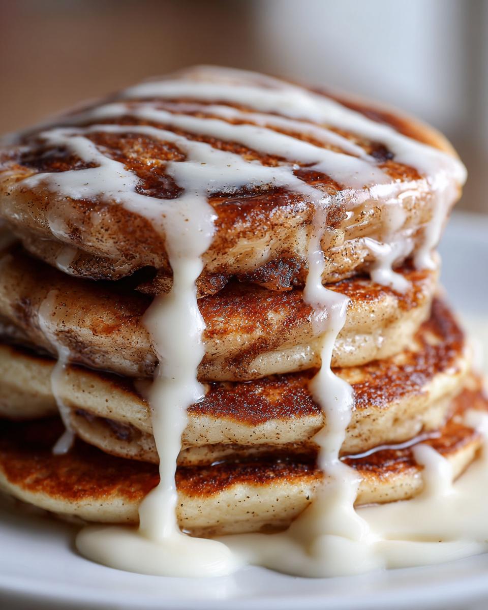 Close-up of a tall stack of fluffy cinnamon roll pancakes dripping with thick white cream cheese glaze.