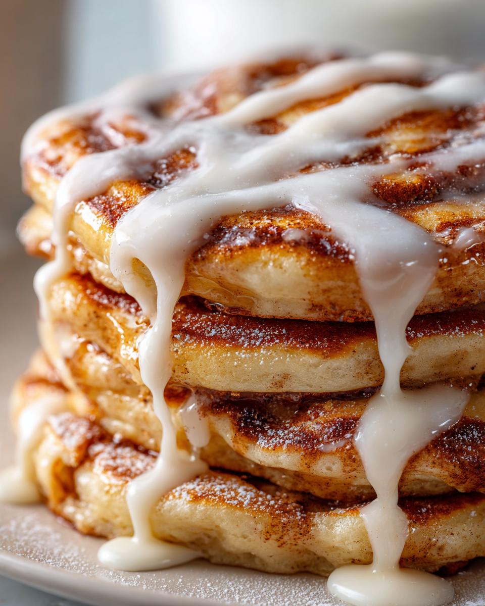 Close-up of a tall stack of fluffy cinnamon roll pancakes drizzled generously with white cream cheese icing.