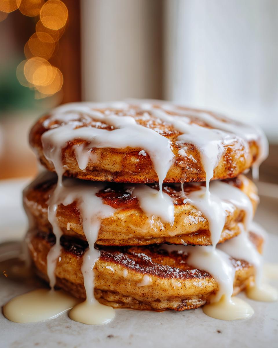 Close-up of a tall stack of fluffy cinnamon roll pancakes dripping with thick white icing.