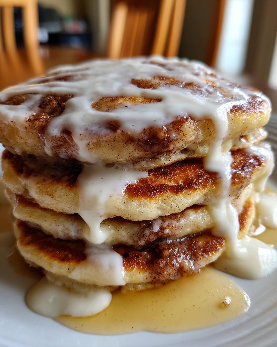 Close-up of a tall stack of fluffy cinnamon roll pancakes drizzled heavily with white icing and syrup.