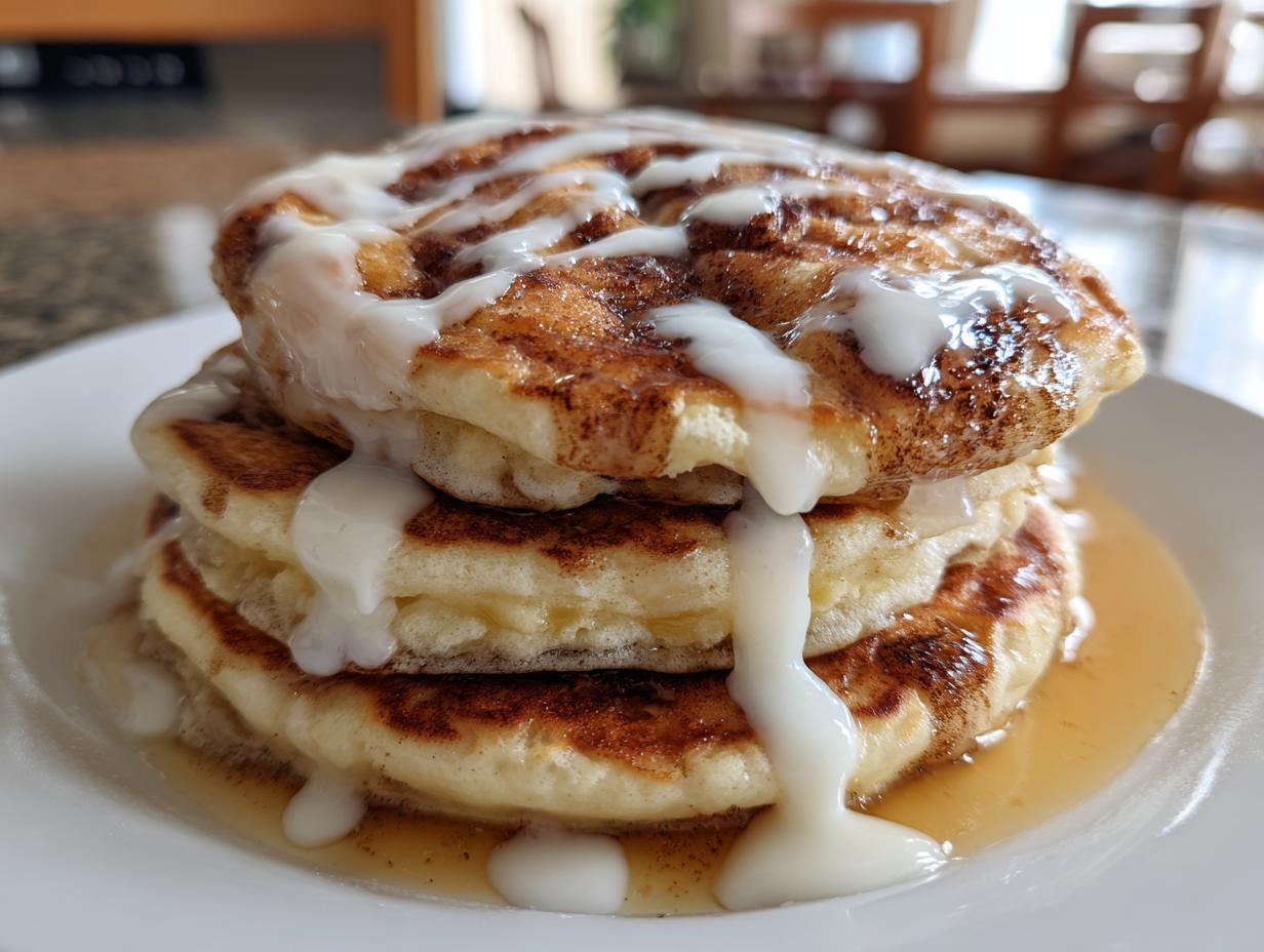 A close-up of a stack of three fluffy cinnamon roll pancakes drizzled heavily with white icing and sitting in syrup.