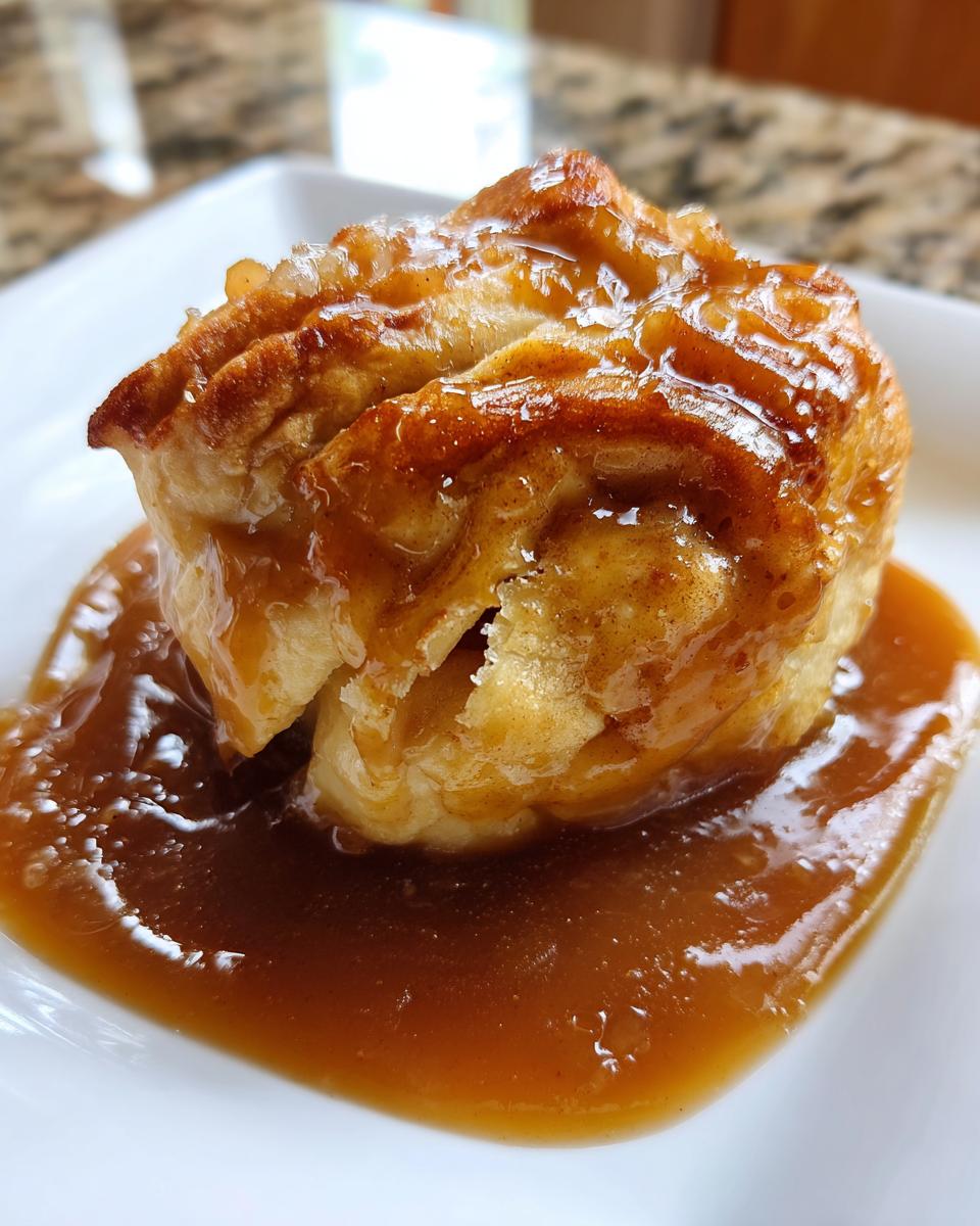 A single, golden-brown apple dumpling generously covered in shiny caramel sauce, served on a white plate.