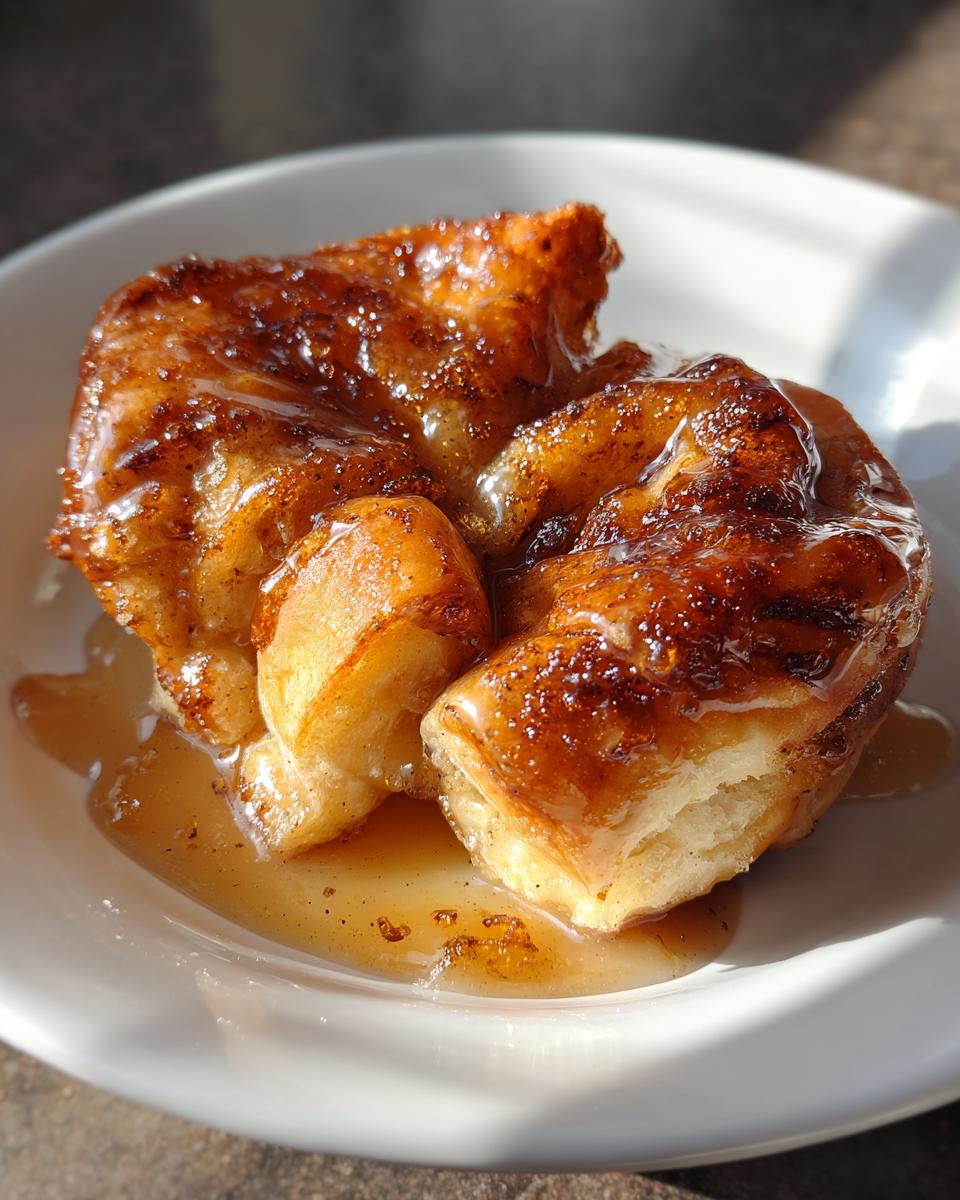 Close-up of a warm, golden apple dumpling covered in a rich, glistening cinnamon-sugar glaze and syrup.