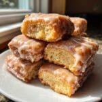 A stack of moist, square buttermilk donut bars topped with a sweet vanilla glaze, showing the cakey interior.