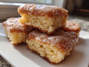 Close-up of four stacked, glazed buttermilk donut bars showing their soft, cakey interior.